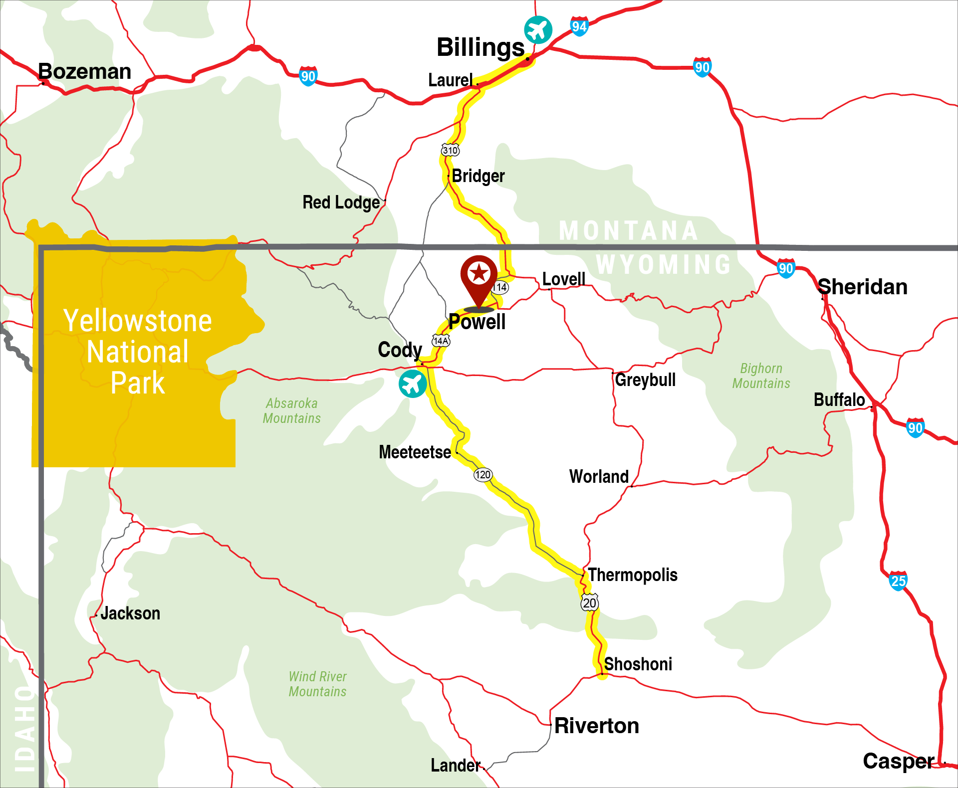 Map graphic of the northwest corner of Wyoming showing routes to get to Powell