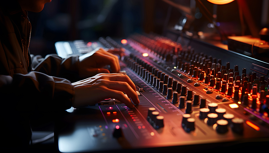 Hands moving levers and knobs on a large control board in dim lighting