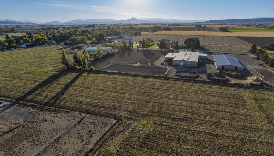 Aerial view of the Northwest College Equine Center looking west toward the mountains