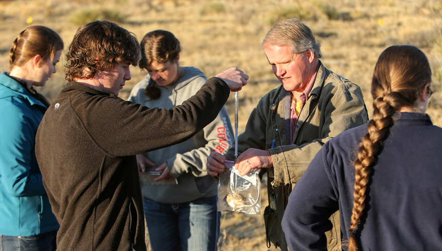 Students in the field with a male instructor collecting a sample of field mice