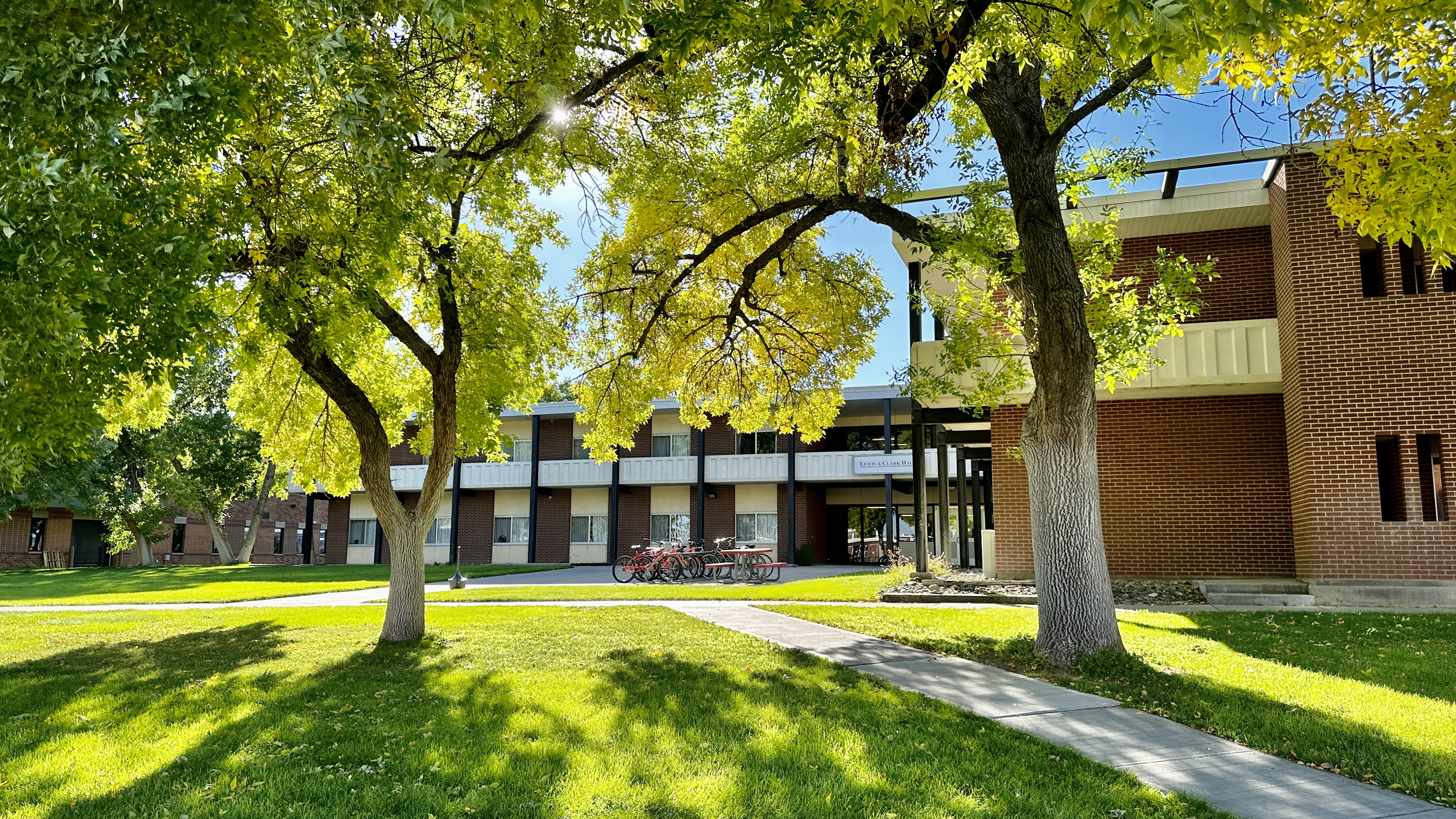 Front of Lewis and Clark Hall on a sunny fall day